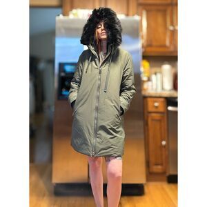 Zara Outerwear Military Green Fur Hooded Parka Size Womens Medium VGUC